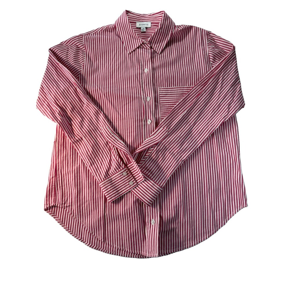 EVEREVE Women's M Red White Striped Cotton Button Down Shirt Long Sleeve